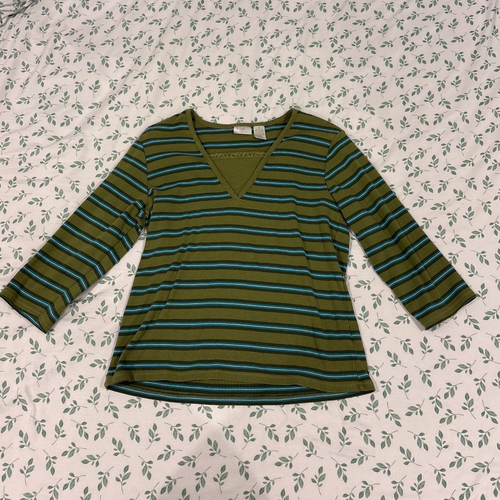 Vintage Y2K Erika Cropped V-Neck Top — Olive Striped Lace Layer — Size M — RARE!